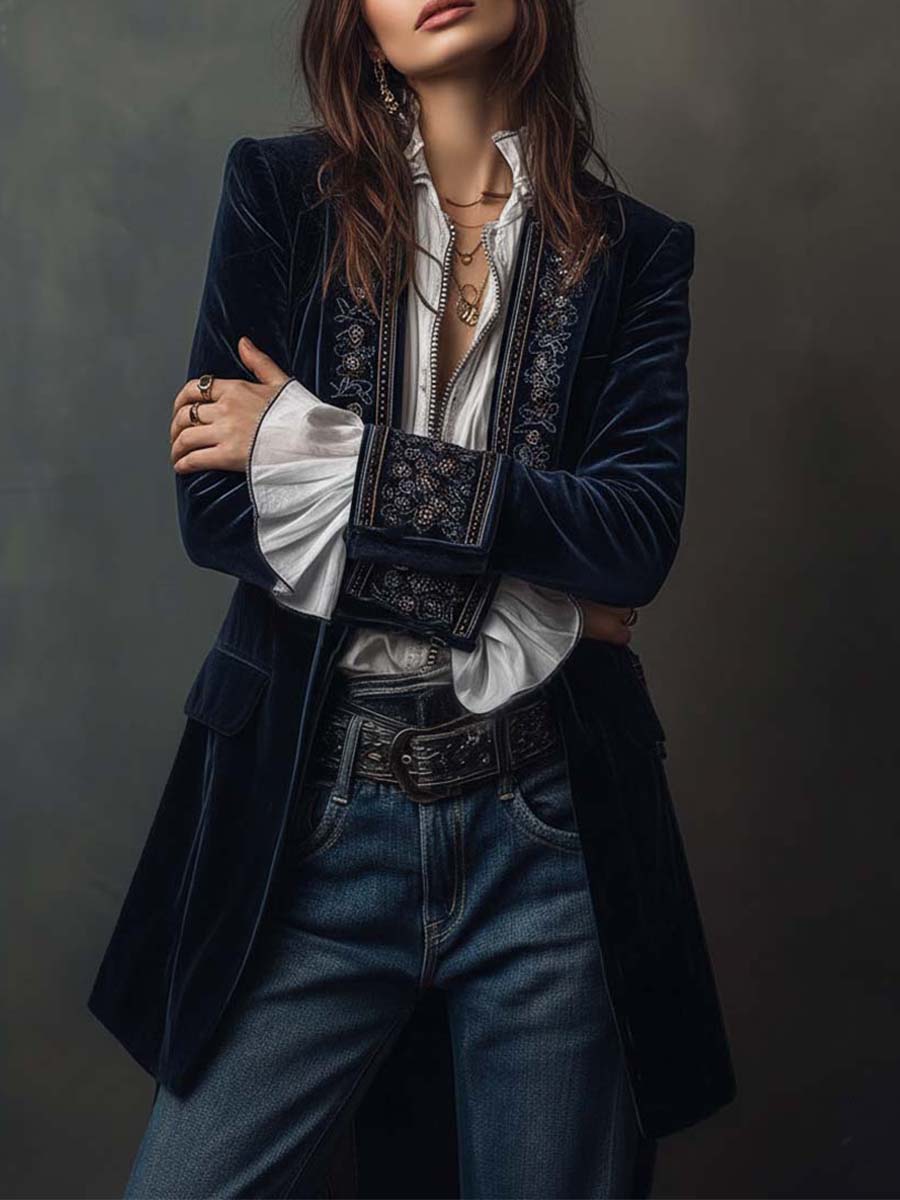 Federica | Lange Vintage Velvet Blazer in Marineblauw met Borduursels