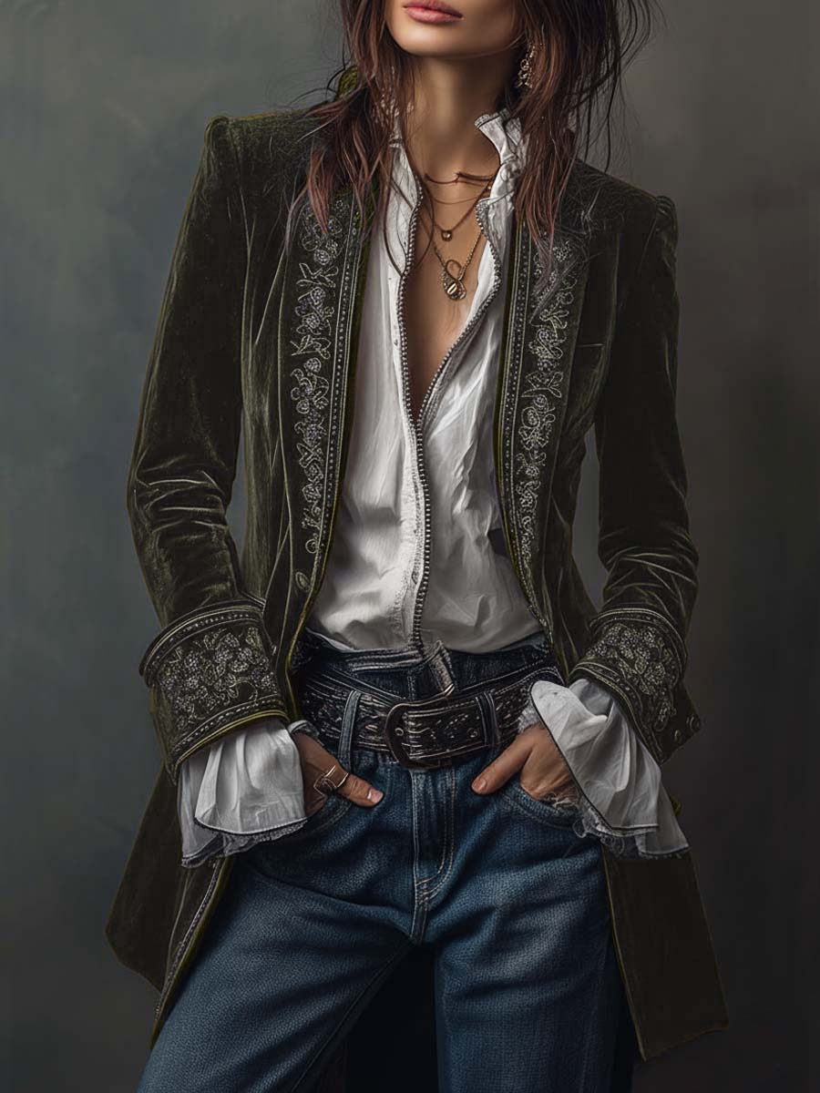 Federica | Lange Vintage Velvet Blazer in Marineblauw met Borduursels