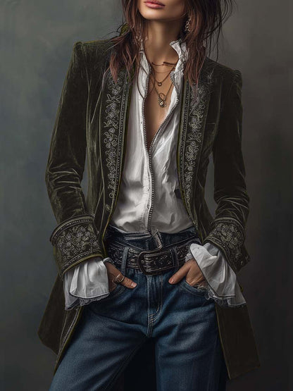 Federica | Lange Vintage Velvet Blazer in Marineblauw met Borduursels