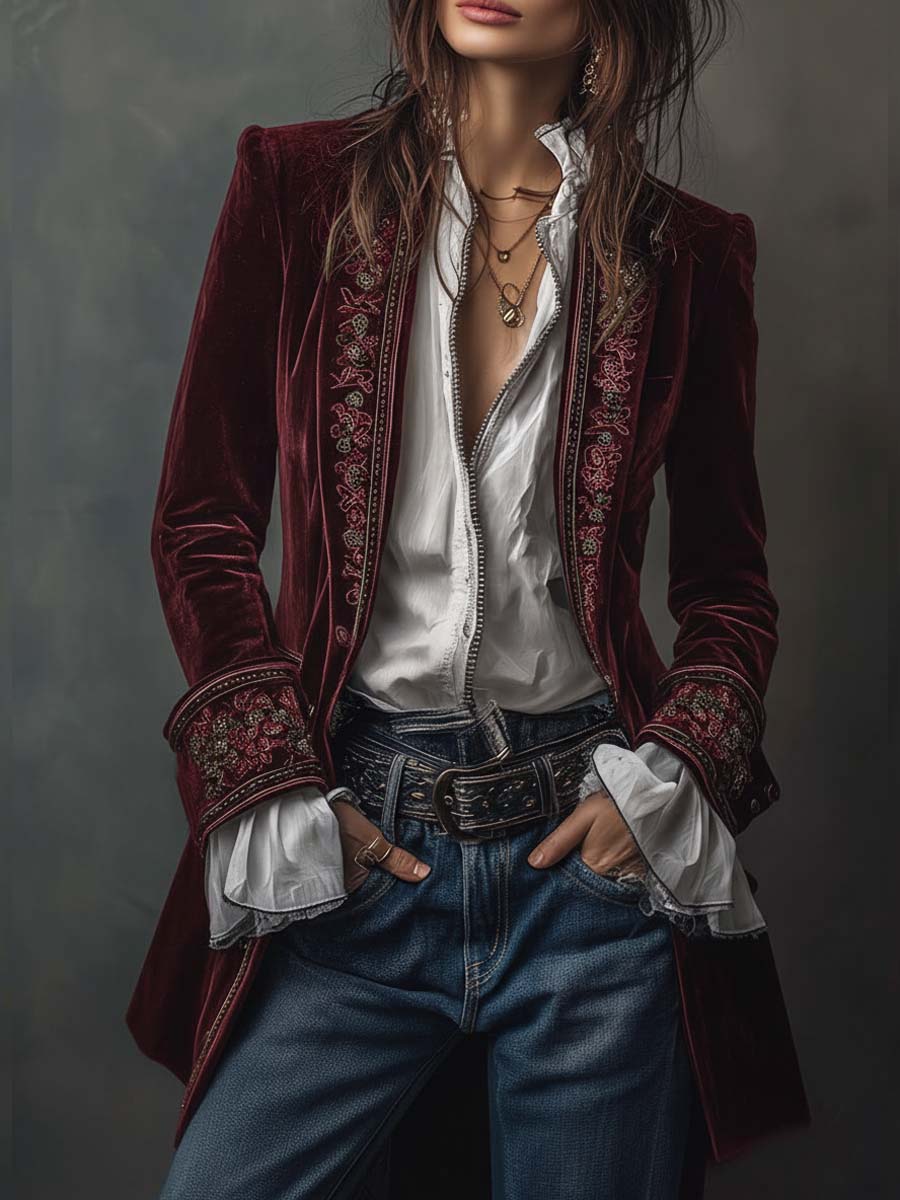 Federica | Lange Vintage Velvet Blazer in Marineblauw met Borduursels