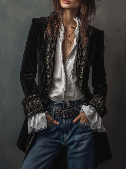 Federica | Lange Vintage Velvet Blazer in Marineblauw met Borduursels