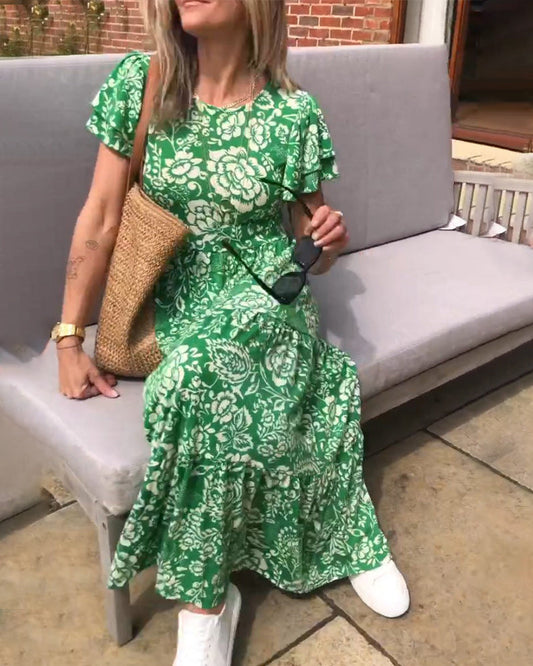 Ameline  | Lange jurk met korte mouwen en bloemenprint