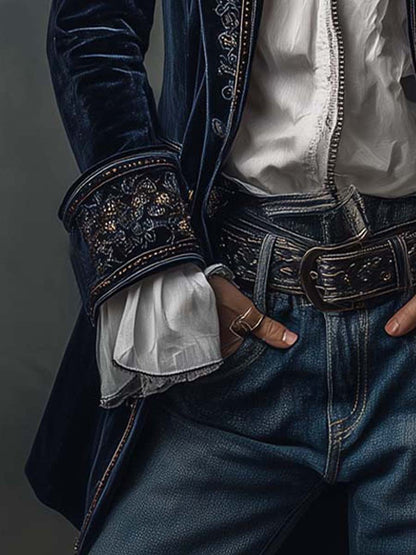 Federica | Lange Vintage Velvet Blazer in Marineblauw met Borduursels