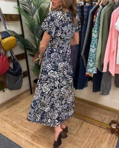 Ameline  | Lange jurk met korte mouwen en bloemenprint