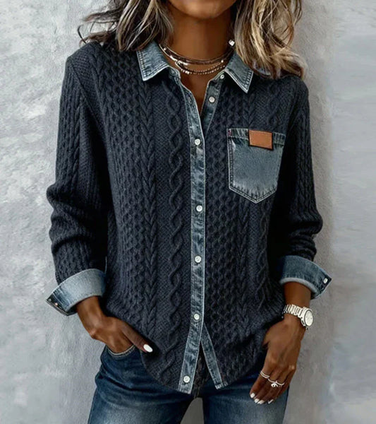 Ambra | Gebreide Patchwork Top met Denim Details