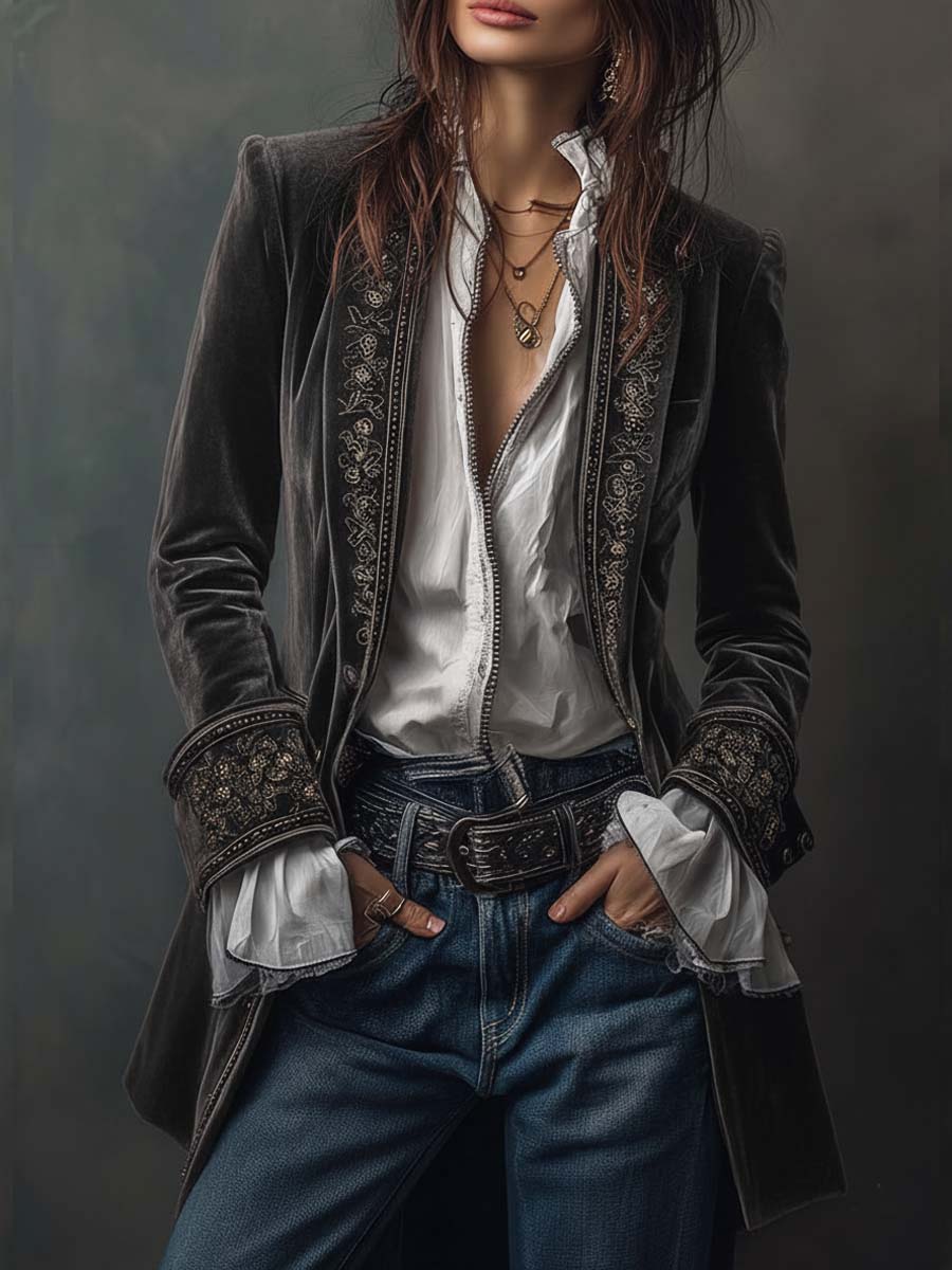 Federica | Lange Vintage Velvet Blazer in Marineblauw met Borduursels