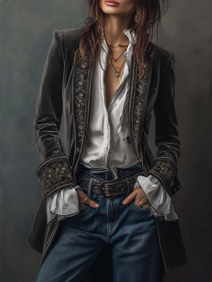 Federica | Lange Vintage Velvet Blazer in Marineblauw met Borduursels