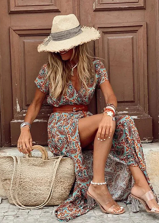 Luchtige boho maxi-jurk met bijpassende riem